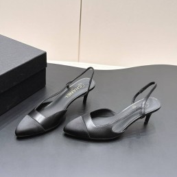 Женские кожаные туфли Chanel черные с атласным носом каблук 6 см 2026
