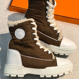Женские текстильные ботинки Hermes с мехом коричневые с белым кожаным носом 2026