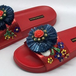 Женские летние кожаные шлепанцы Dolce&Gabbana красные с цветами