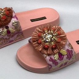 Женские летние кожаные шлепанцы Dolce&Gabbana розовые с цветами