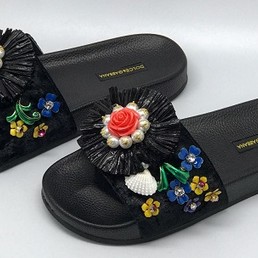 Женские летние кожаные шлепанцы Dolce&Gabbana черные с цветами