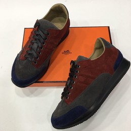 Женские замшевые кроссовки Hermes Sneakers бордовые с темно-серым