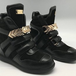 Женские кожаные высокие сникерсы Philipp Plein черные на танкетке