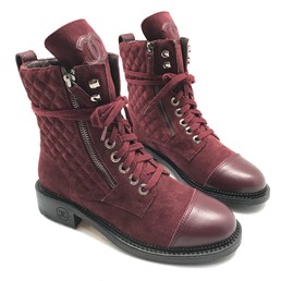 Женские высокие ботинки Chanel бордовые замшевые