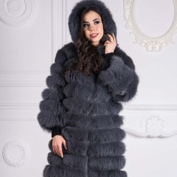 Шуба из песца с капюшоном (Темно-серый)