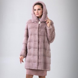 Норковая шуба с капюшоном 90см (Темная пудра)