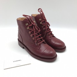 Кожаные ботинки на шнуровке Chanel бордовые