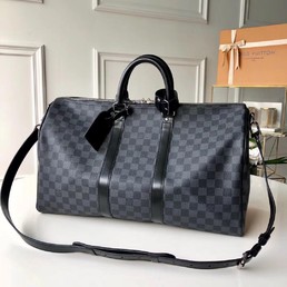 Сумка дорожная кожаная Louis Vuitton KeepAll черно-серая 50x28