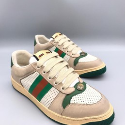 Мужские кожаные кроссовки Gucci бежево-зеленые