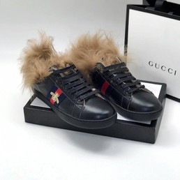 Кожаные кеды Gucci на меху черные