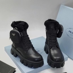 Женские ботинки Prada из полированной кожи и нейлона на меху черные