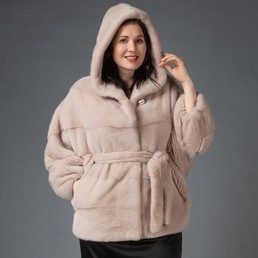 Норковая шуба с капюшоном 70см (Пудра)